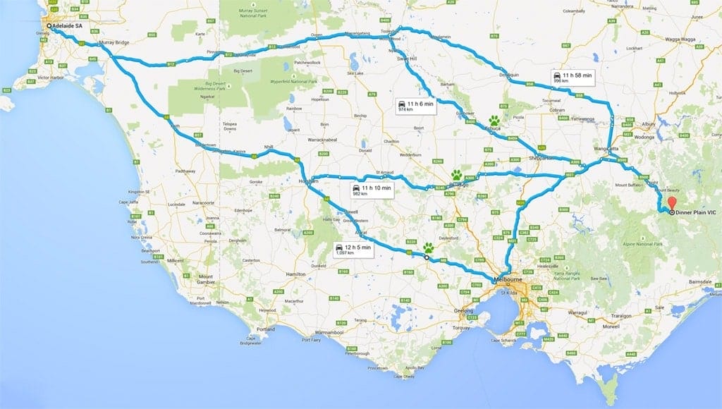 Adelaide to Dinner Plain - different route options