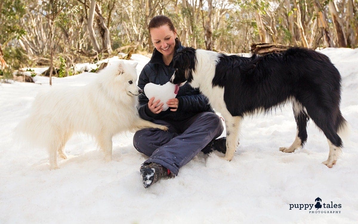 Kerry Martin of Puppy Tales enjoying time at the snow with her dogs Keiko and Rosie