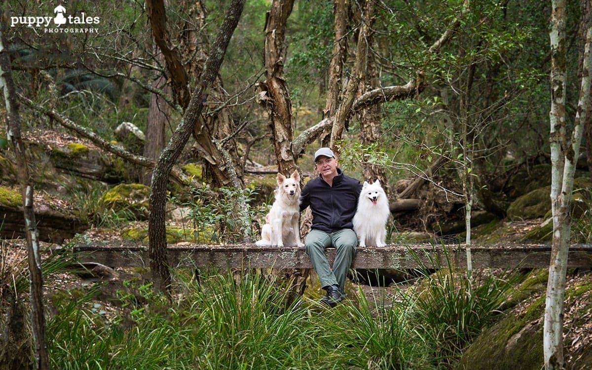 a man sitting on a small bridge with two dogs