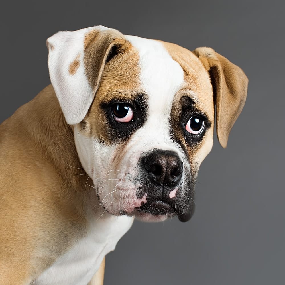 Sumo, the Johnson American Bulldog, headshot on a grey background in the Puppy Tales Melbourne studio for Project Dogalogue.