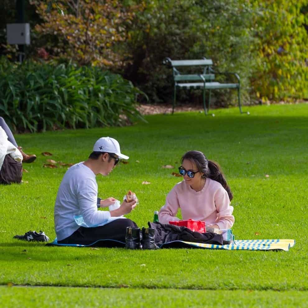 Two people sitting on a blanket in the grassy plains of this pet friendly cafe in Melbourne