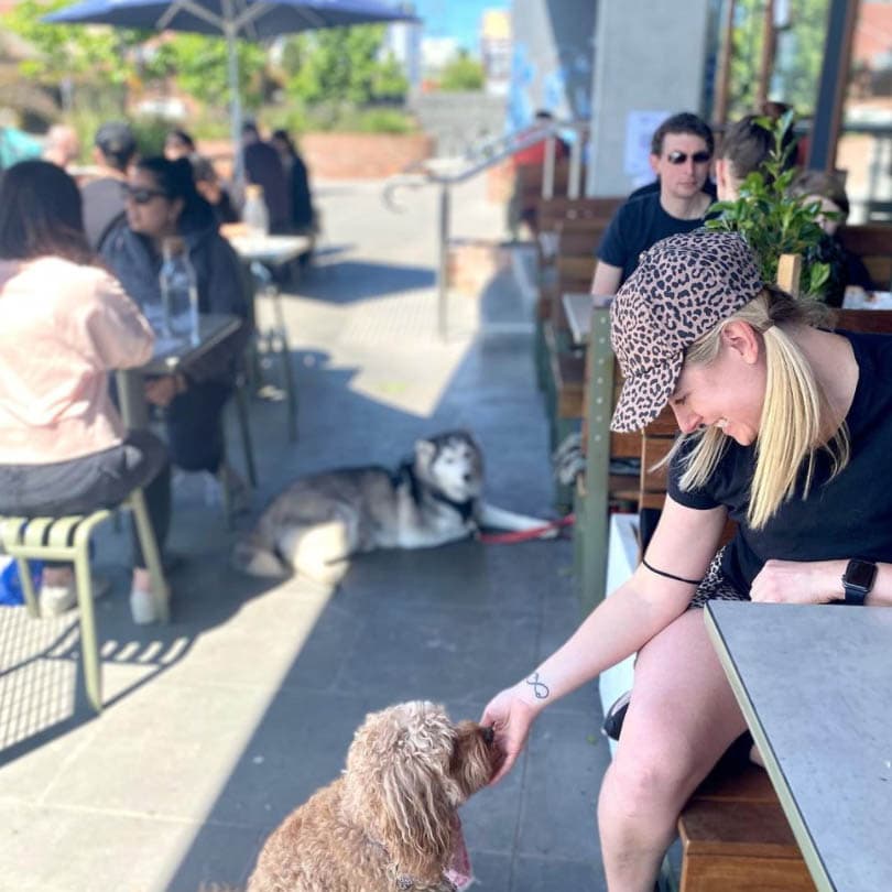 A woman and her furry friend relax outside a dog-friendly cafe in Melbourne. She pets her dog's chin as they dine in the outdoor seating of the place