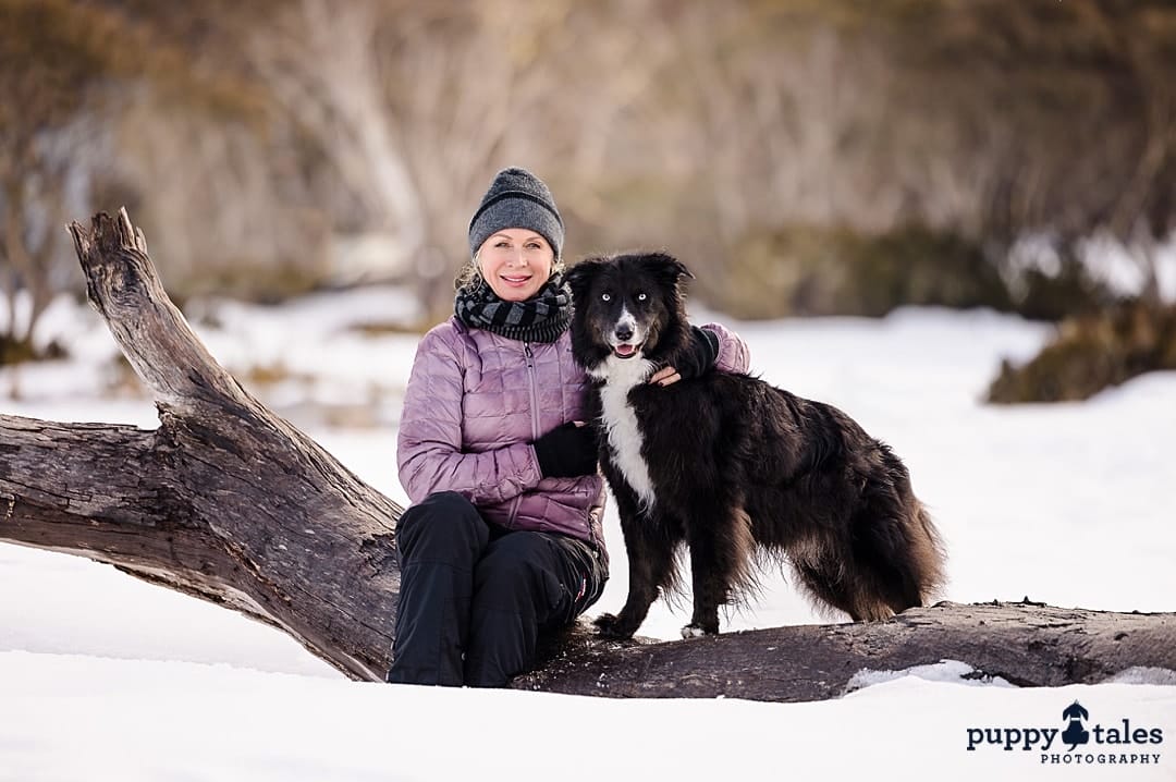A woman sits with her border collie on a massive tree trunk in the snow 