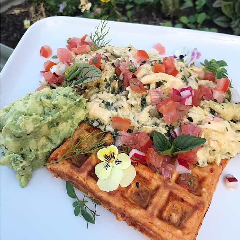 A closeup photo of a waffle served in a dog friendly cafe in Melbourne with some colourful greens