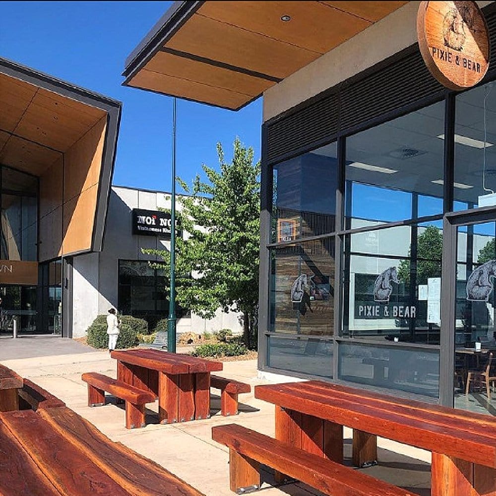 Outdoor seating area from this pet friendly place called Pixie and Bear cafe in Canberra with the seats in full view