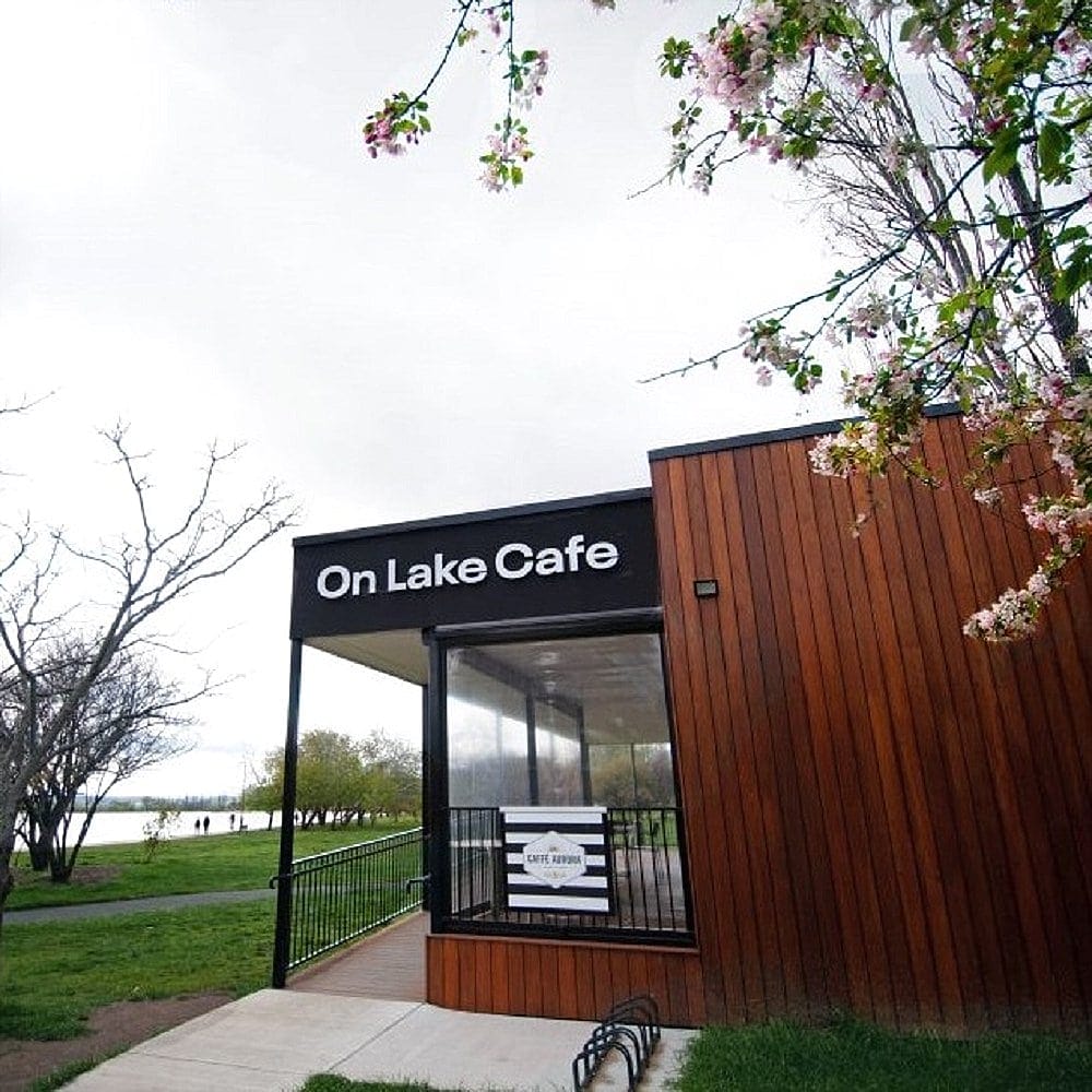 A dog friendly cafe in the inner south of Canberra called On Lake Cafe is being displayed for the audience to see