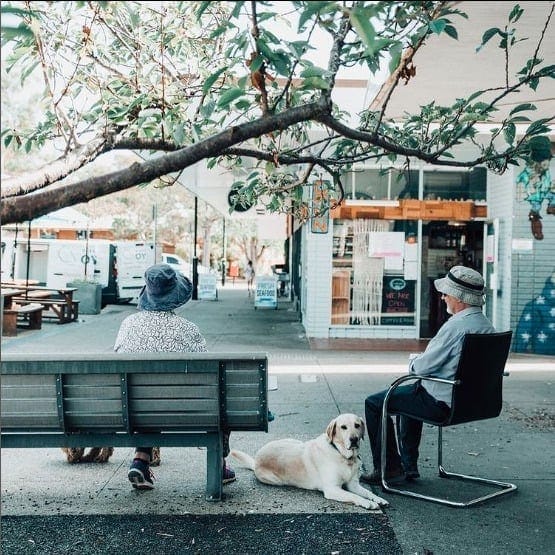 Cute photo of man and woman with their dog outside the dog friendly cafe in Canberra