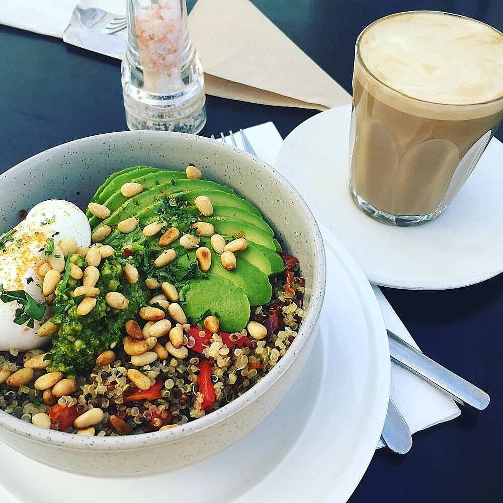Food on a bowl and a cup of coffee on the side from a dog friendly cafe in Canberra
