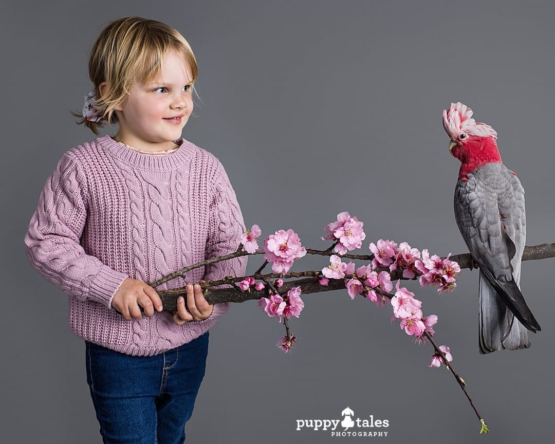 a playful photo of a galah and her human sister